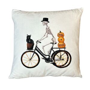 Witch Crafters Decorative Halloween Skeleton on Bike with Black Cat Throw Pillow